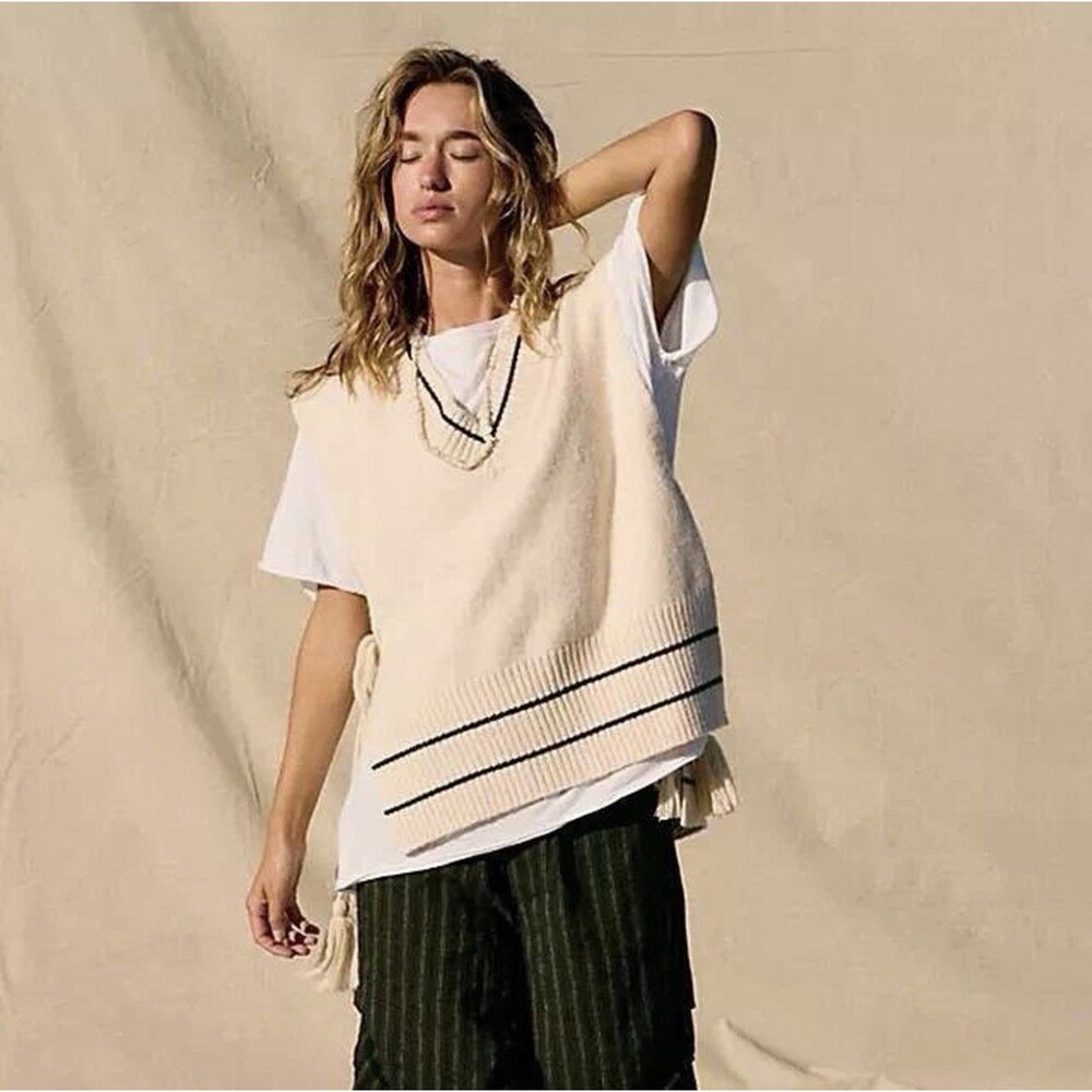 Free People All Star Stripe Poncho Sweater Vest Cream Varsity Boho Tassel OS